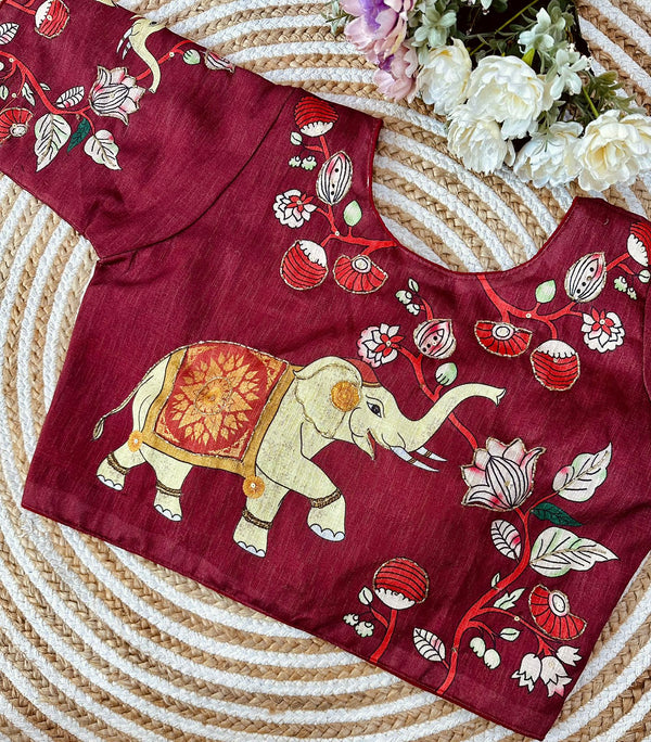 Pure silk fabric with Decent print all over blouse with antique handcrafted work