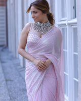 Presenting Faux Georgette Designer Saree With Fancy Thread Work And Sequence