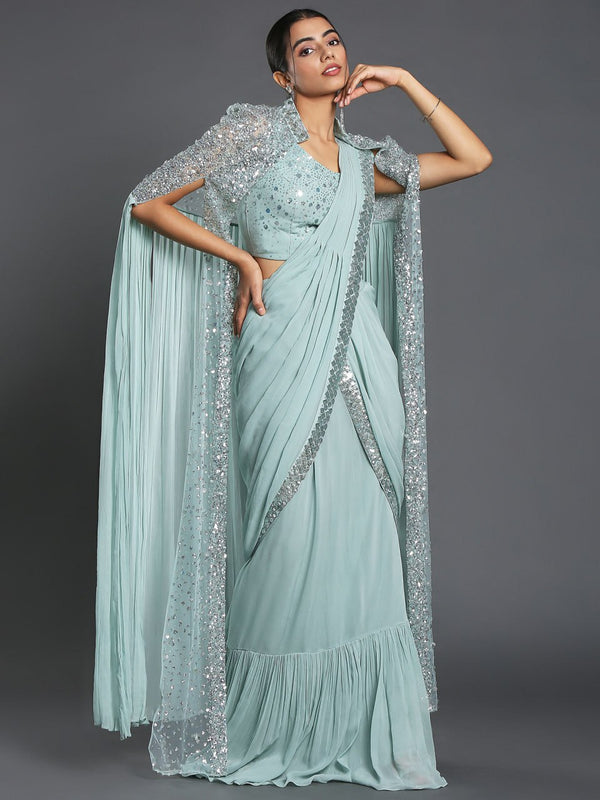 PRESENTING READY TO WEAR DESIGNER SAREE WITH SHRUG AND LUSHES OF SEQUENCE