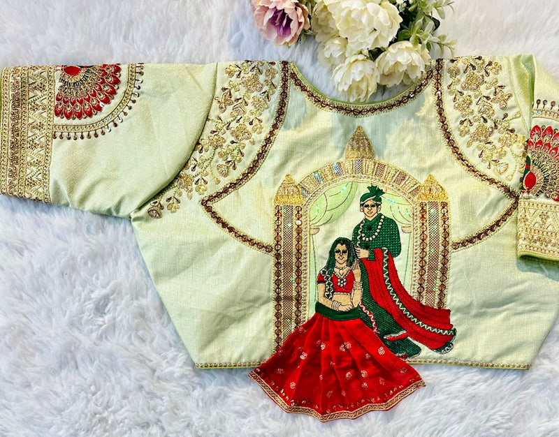 Beautiful embroidery all over cover with hand touch up sequence with heavy coding work and in blouse