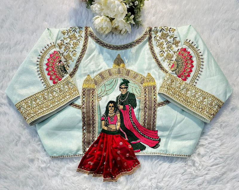 Beautiful embroidery all over cover with hand touch up sequence with heavy coding work and in blouse
