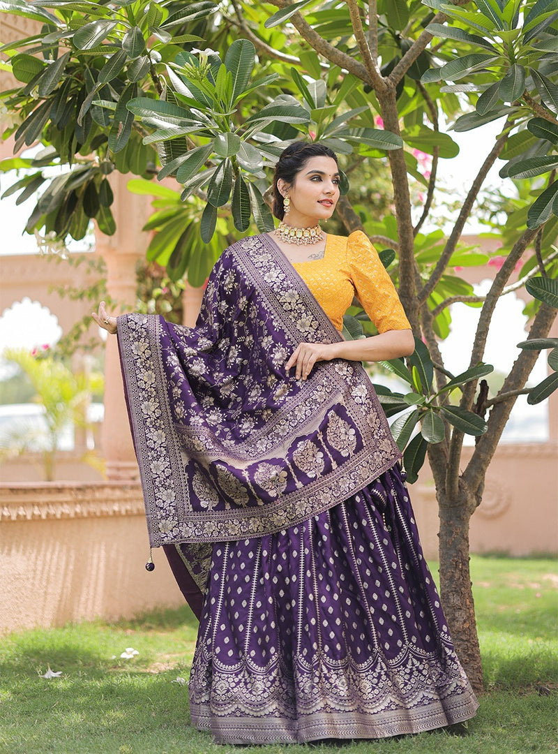 The trendy designer viscose chanderi lehenga is every bit dreamy and ethereal. Be it sangeet, mehendi or other bridal occasions, this outfit deserves all praise
