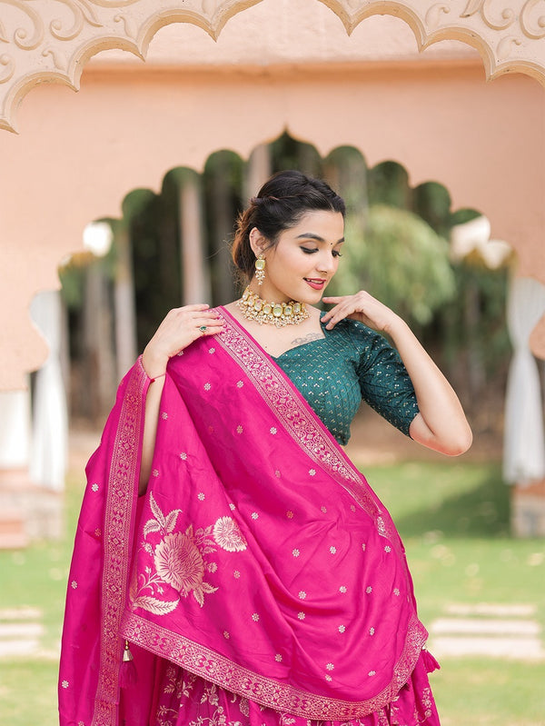 The trendy designer viscose chanderi lehenga is every bit dreamy and ethereal. Be it sangeet, mehendi or other bridal occasions, this outfit deserves all praise