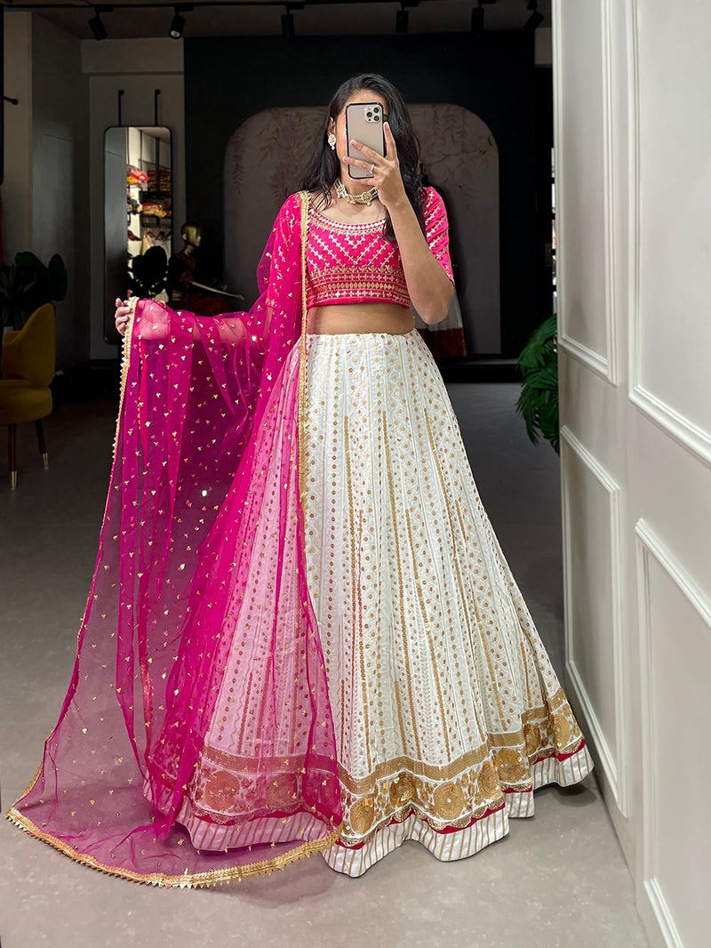 This premium sequins work lehenga wrap the beauty of georgette fabric with the ethereal charm of deep combination that strikes a deep, lasting impact