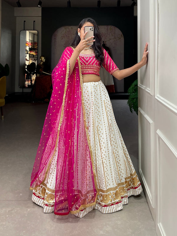 This premium sequins work lehenga wrap the beauty of georgette fabric with the ethereal charm of deep combination that strikes a deep, lasting impact