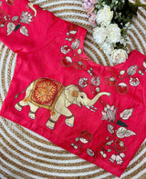 Pure silk fabric with Decent print all over blouse with antique handcrafted work
