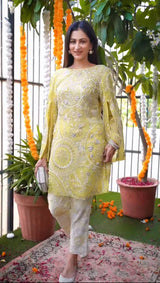 DESIGNER FANCY DOUBLE SLEEVE BOTH SIDE CORDING EMBROIDERY WORK ON TOP WITH WORK PANT