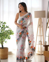 Presenting Printed Designer Saree With Lushes Of Fancy Embroidery Thread Work