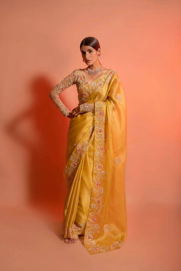 EXCLUSIVE YELLOW DESIGNER SAREE WITH LUXURIOUS BLOUSE