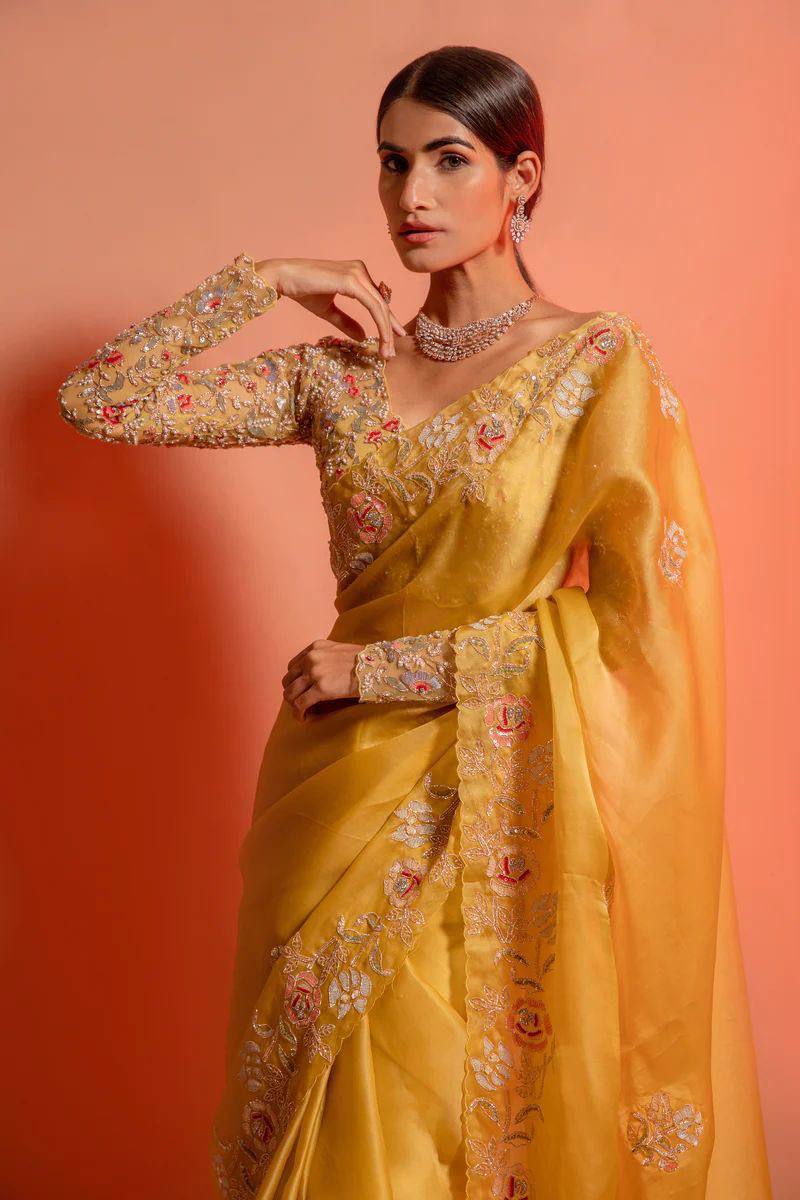 EXCLUSIVE YELLOW DESIGNER SAREE WITH LUXURIOUS BLOUSE