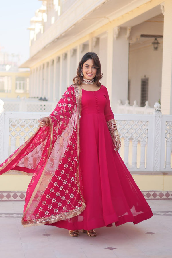 Faux Blooming Gown with Dupatta With Attractive Embroidered Sequins work with Lace Border