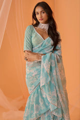 PRESENTING EXCLUSIVE RUFFLE READY TO WEAR DESIGNER SAREE WITH EXCLUSIVE BLOUSE