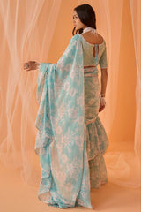 PRESENTING EXCLUSIVE RUFFLE READY TO WEAR DESIGNER SAREE WITH EXCLUSIVE BLOUSE