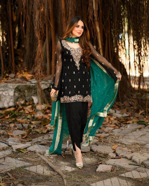 PRESENTING BEAUTIFUL GEORGETTE KURTA AND DHOTI SET IN FANCY SEQUINS EMBROIDERY WORK & FANCY DIAMOND HAND WORK WITH CONTRAST MATCHING DUPATTA