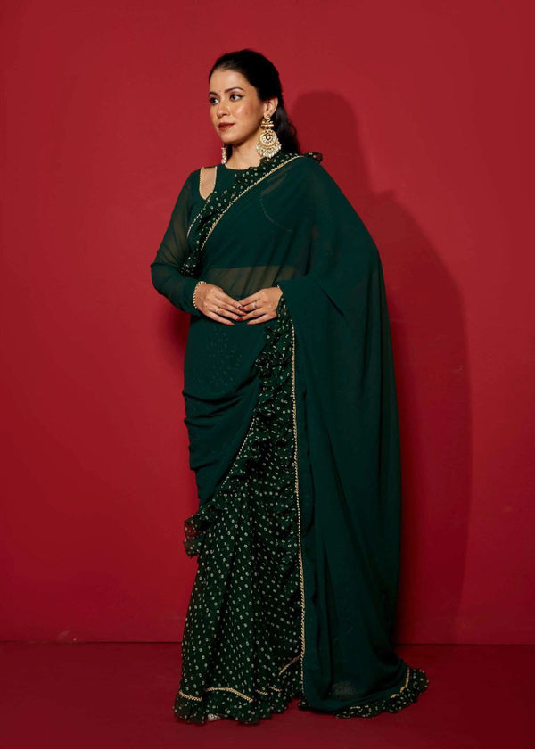 ONE MORE SUPER HIT OPAL GREEN PRE-DRAPED FRILLED DESIGNER SAREE