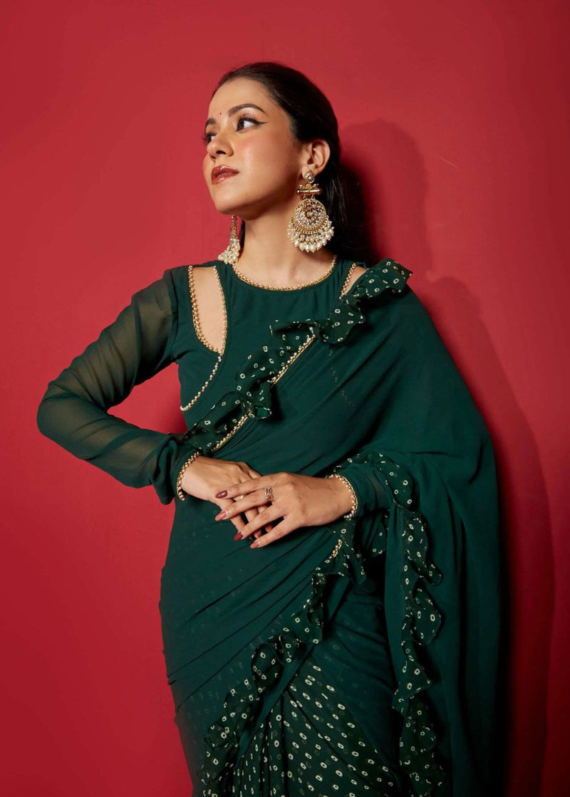 ONE MORE SUPER HIT OPAL GREEN PRE-DRAPED FRILLED DESIGNER SAREE