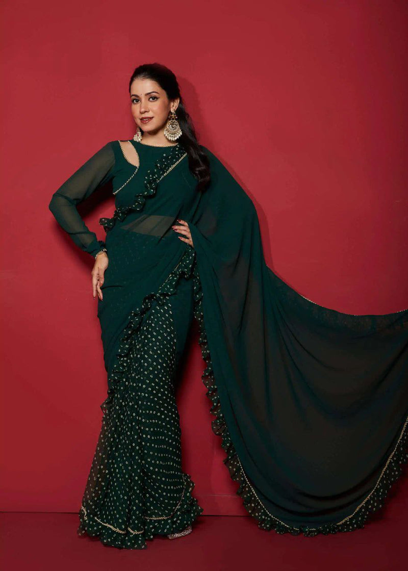 ONE MORE SUPER HIT OPAL GREEN PRE-DRAPED FRILLED DESIGNER SAREE