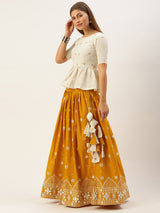 Refresh your look wearing this exclusive Mustard Lucknowi Work Pure Cotton lehenga choli. Women Can Buy This Lehenga Choli To Wear Special For Their Haldi Functions, Festivals, Ceremonies And Occasions.
