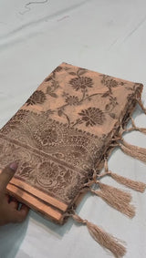 Cotton Sarees with Copper Zari Weaving Border having Beautiful Jaal Motifs all over. Rich Weaving Copper Zari Pallu Paired with Brocade Weaving Blouse.