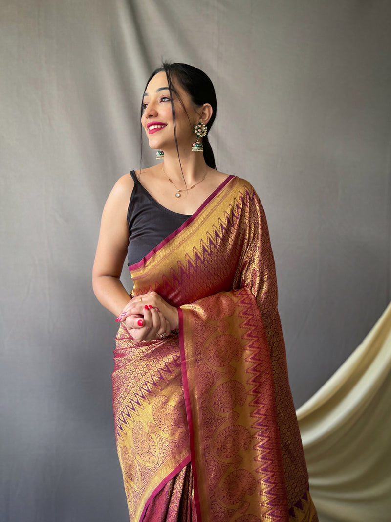 This beautiful Kanjeevaram Silk is having original pure zari woven motif weaves all over the body of the saree having gold zari woven broad border and crafted with elegant Pallu.
