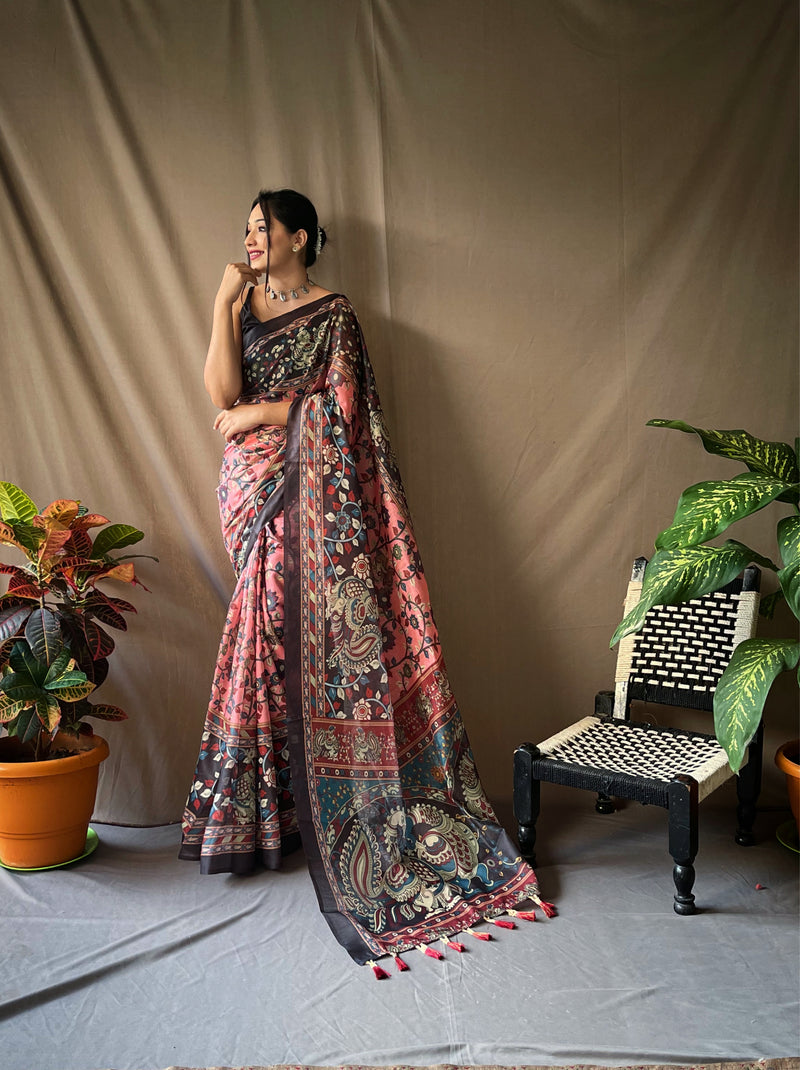 Soft Cotton Kalamkari Prints all over with Contrast Printed Pallu having Tassels.