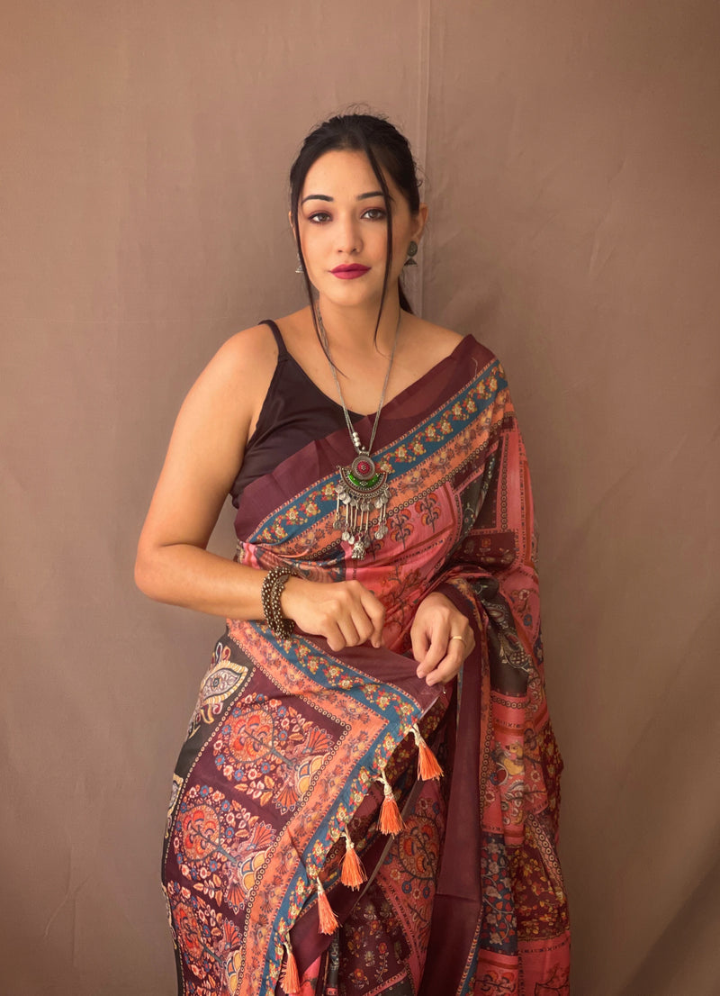 Soft Cotton Kalamkari Prints all over with Contrast Printed Pallu having Tassels.