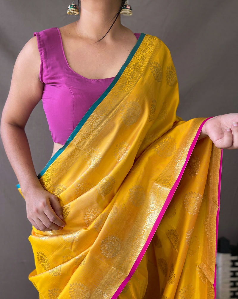 Two Toned Soft Silk Sarees with Golden Zari Weaving Motifs all over with Zari Border . Rich Weaving Golden Zari Pallu Paired with Unstitched Brocade Blouse.
