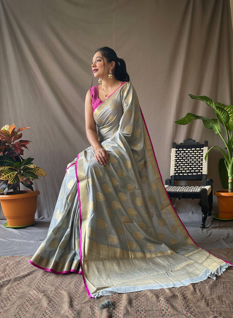 TITLE: Two Toned Soft Silk Sarees with Golden Zari Weaving Motifs all over with Zari Border . Rich Weaving Golden Zari Pallu Paired with Unstitched Brocade Blouse.