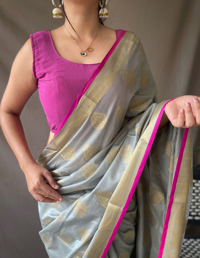 TITLE: Two Toned Soft Silk Sarees with Golden Zari Weaving Motifs all over with Zari Border . Rich Weaving Golden Zari Pallu Paired with Unstitched Brocade Blouse.