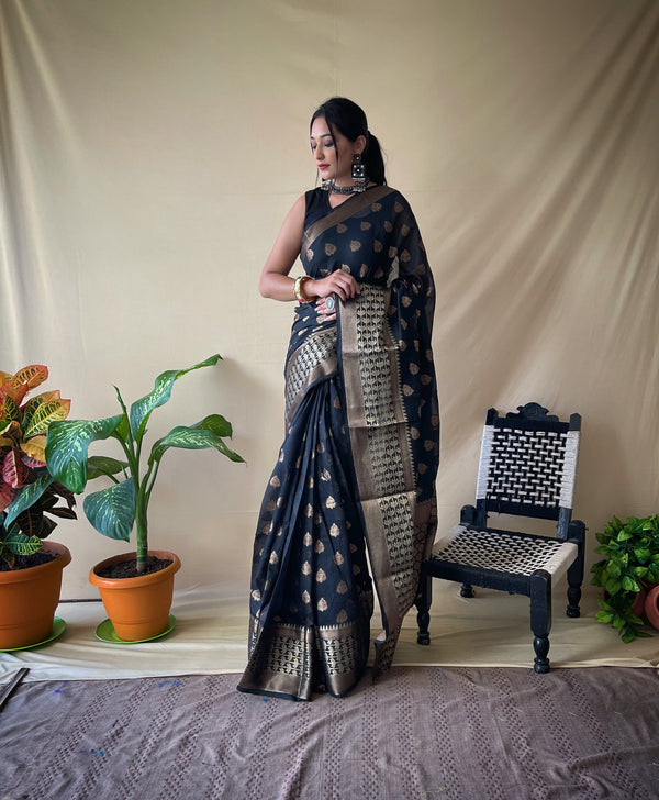 This beautiful Cotton saree is having copper woven motif weaves all over the body, having copper zari woven border and crafted with elegant Pallu.
