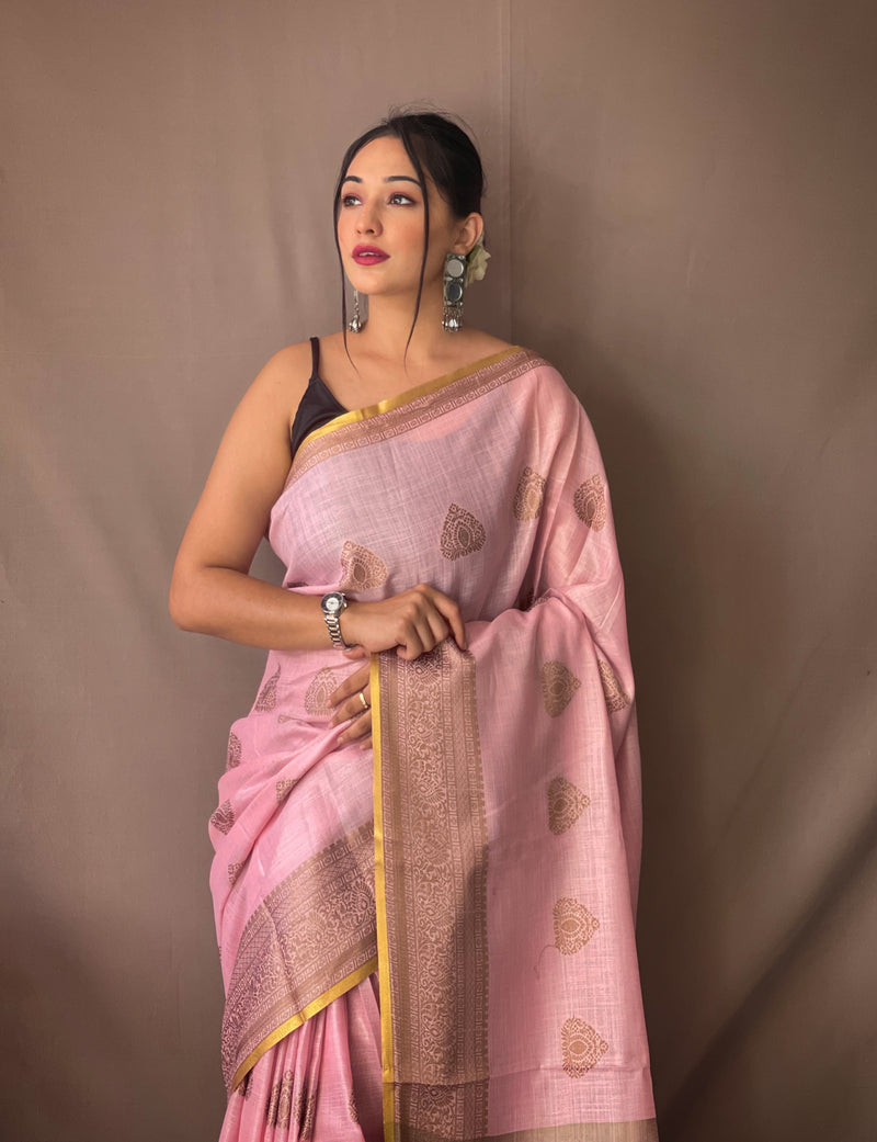 PURE LINEN TISSUE COMBINATION SAREE WITH ATTRACTIVE JARI MOTTIFS ALONG WITH COPPER JARI WEAVED BORDER AND CHITT PALLU WITH TASSELS ATTACHED  AND   ELEGANT BORDER