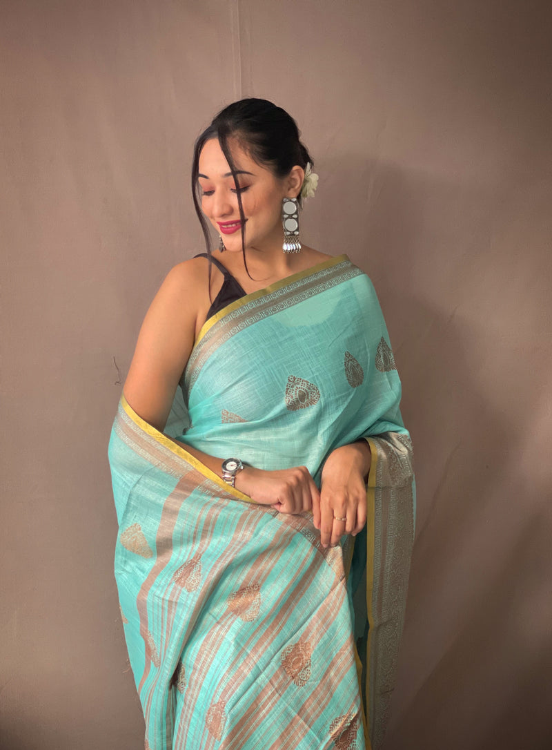 PURE LINEN TISSUE COMBINATION SAREE WITH ATTRACTIVE JARI MOTTIFS ALONG WITH COPPER JARI WEAVED BORDER AND CHITT PALLU WITH TASSELS ATTACHED  AND   ELEGANT BORDER