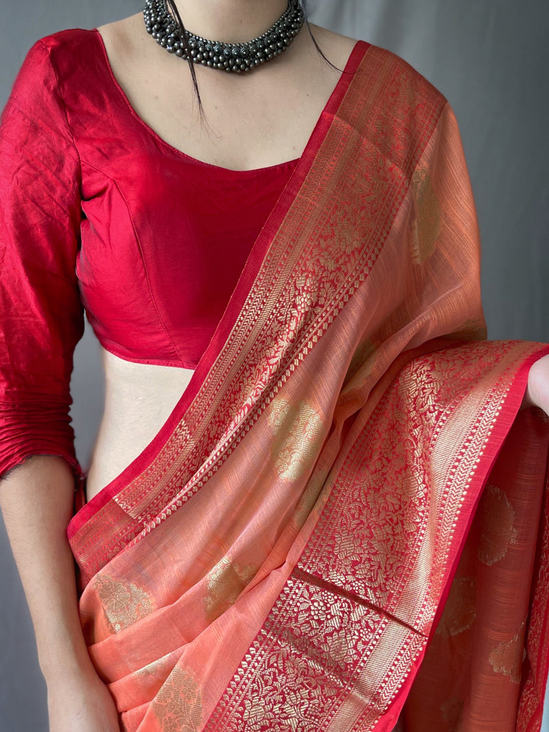 SOFT LINEN WEAVING SAREES WITH CONTRAST WEAVING BORDER AND PALLU. PAIRED WITH CONTRAST UNSTITCHED BLOUSE.