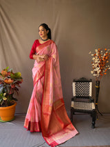 SOFT LINEN WEAVING SAREES WITH CONTRAST WEAVING BORDER AND PALLU. PAIRED WITH CONTRAST UNSTITCHED BLOUSE.