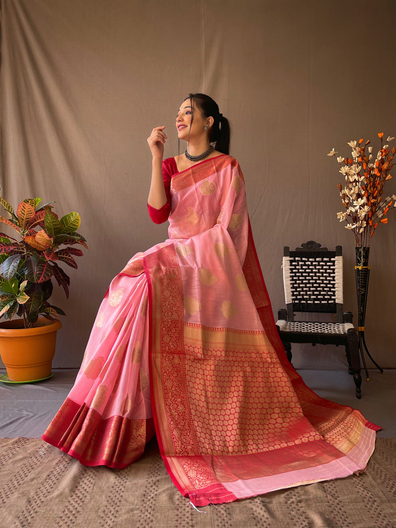 SOFT LINEN WEAVING SAREES WITH CONTRAST WEAVING BORDER AND PALLU. PAIRED WITH CONTRAST UNSTITCHED BLOUSE.