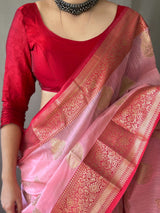 SOFT LINEN WEAVING SAREES WITH CONTRAST WEAVING BORDER AND PALLU. PAIRED WITH CONTRAST UNSTITCHED BLOUSE.