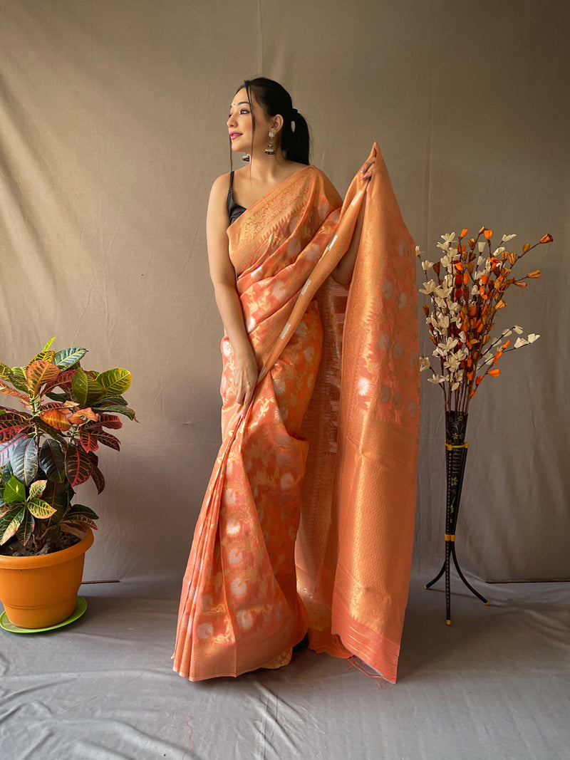 Linen Silk Sarees with Gold and Silver Zari Jaal Weaves all over, crafted with Zari Border and Rich Designed Weaving Pallu. Paired with  Unstitched Plain Blouse