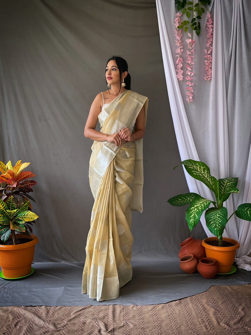 Linen Silk Sarees with Silver Zari Weaving Leaf Motifs. Rich Weaving Pallu. Paired with Unstitched Brocade Blouse
