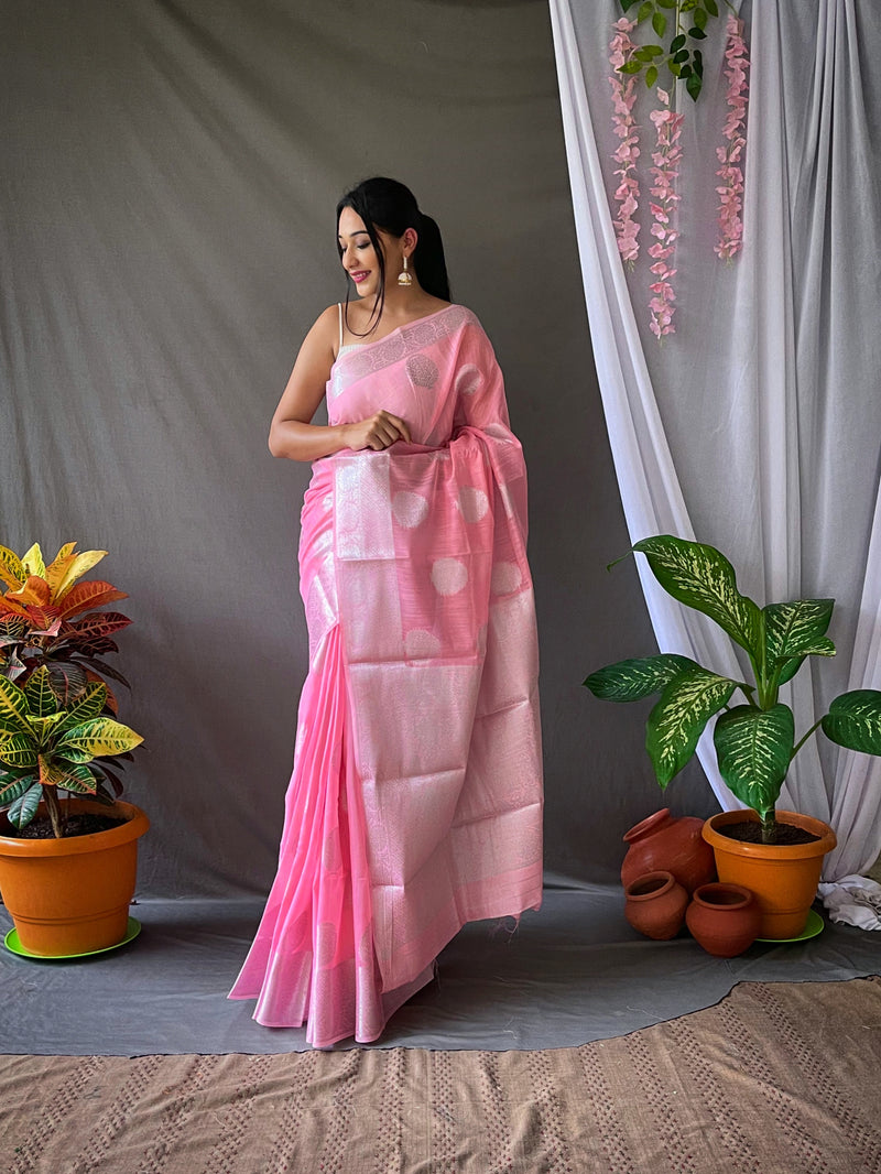 Linen Silk Sarees with Silver Zari Weaving Leaf Motifs. Rich Weaving Pallu. Paired with Unstitched Brocade Blouse