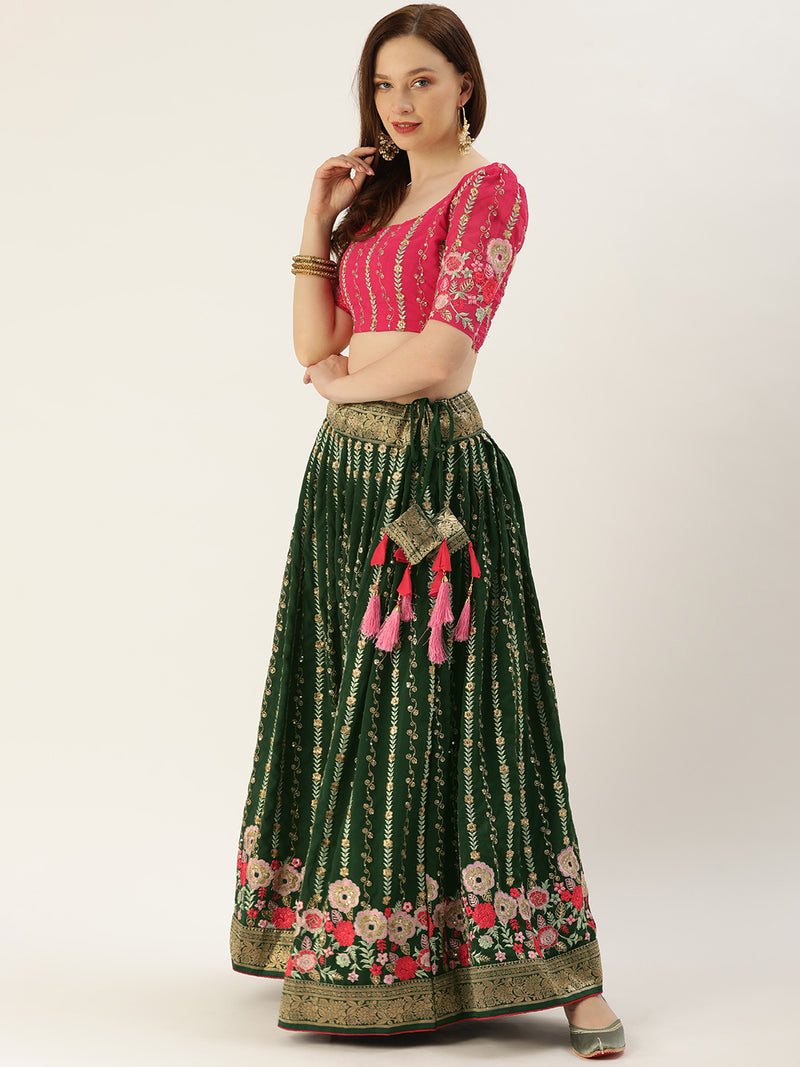 Georgette embellished with thread and Sequins embroidery work and Banarasi lace Border Lehenga Choli