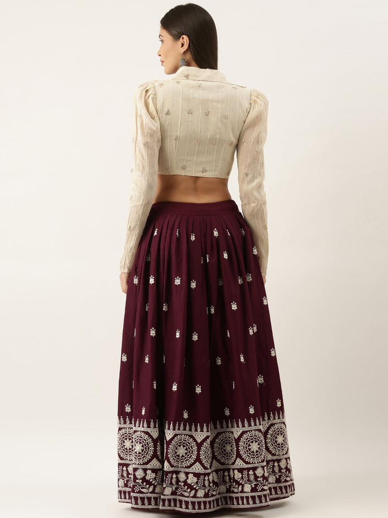 Pure cotton embellished with Lucknowi work, beautiful hand made heavy tassels Lehenga With Stitch Top