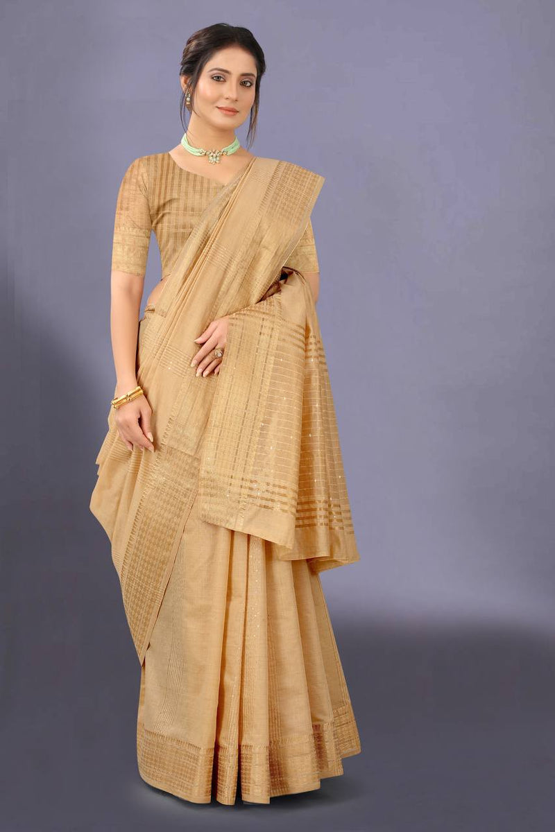 Cotton Silk saree with Beautiful Sequence weaving Pallu & Weaving  Border