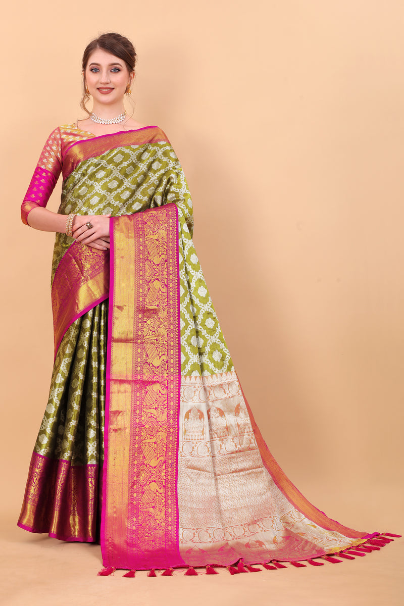 Soft & Pure Organic Silk which makes saree enrich to wear with Soft Feel & beautiful Pure Zari weaving Rich Pallu and Border