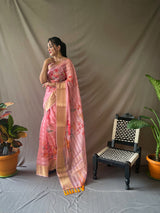 ORGANZA STRIPES FLORAL PRINTED SAREES WITH ELEGANT ZARI WEAVING PALLU AND JACQUARD WEAVING BORDER PAIRED WITH UNSTITCHED PRINTED BANGLORI SILK BLOUSE.