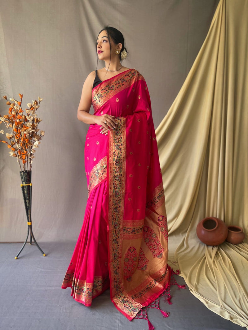 This beautiful Paithani Soft Silk saree is having gold zari woven motifs all over the body of the saree , having gold with meenakari zari woven border and crafted with Rich Paithani woven Pallu.