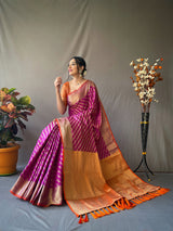 BEAUTIFUL PATOLA SAREES WITH GOLD ZARI AND MEENAKARI WEAVING ALL OVER WITH CONTRAST RICH WEAVING PALLU WITH TASSELS, ALONG WITH ZARI BORDER.
