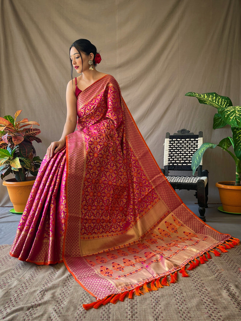 BEAUTIFUL PATOLA SAREES WITH GOLD ZARI AND MEENAKARI WEAVING ALL OVER WITH CONTRAST RICH WEAVING PALLU WITH TASSELS ALONG WITH ZARI BORDER.