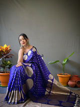 SOFT SILK SAREES WITH AWESOME AND GORGEOUS WEAVING FINISHÂ GOLD ZARI ANDÂ ATTRACTIVE BIG MOTIFS IN THE BORDER OF SAREE AND SMALL ELEGANT MOTIFS ALL OVER THE SAREE, BLOUSE WITH ZARI BORDER.