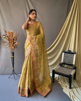 Pure Tussar Silk Saree All Over Kashmiri Work and Beautiful Panel with Attractive Motifs and Chitt Weaved Pallu