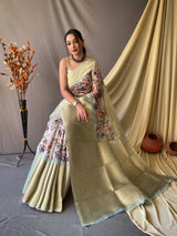 Kora Silk Woven with Zari Motifs All Over The Body Having Floral Prints All Over The Saree. Rich Weaving Pallu